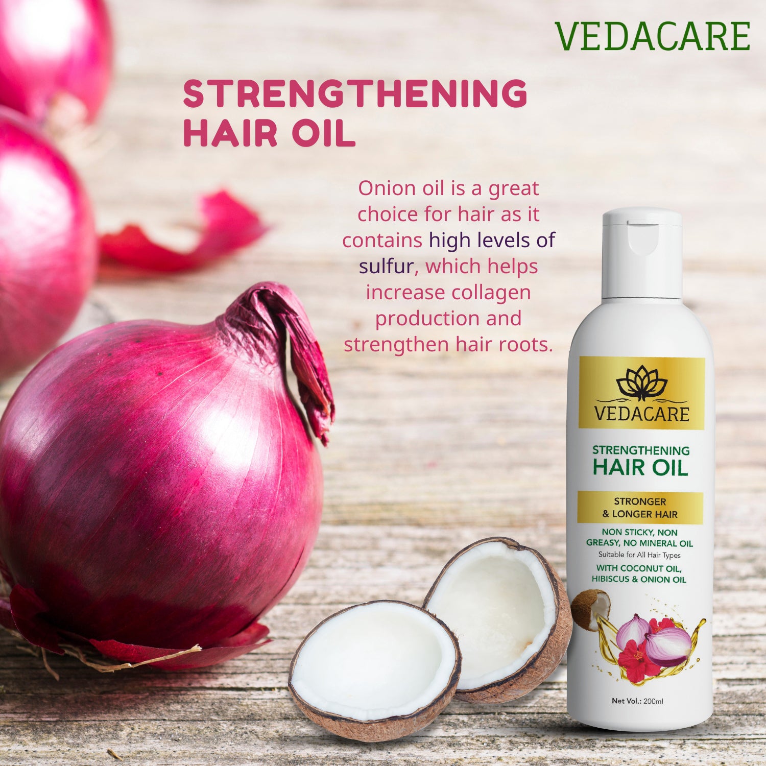 Vedacare Strengthening Hair Oil With Coconut Oil, Hibiscus and Onion - 200 ml