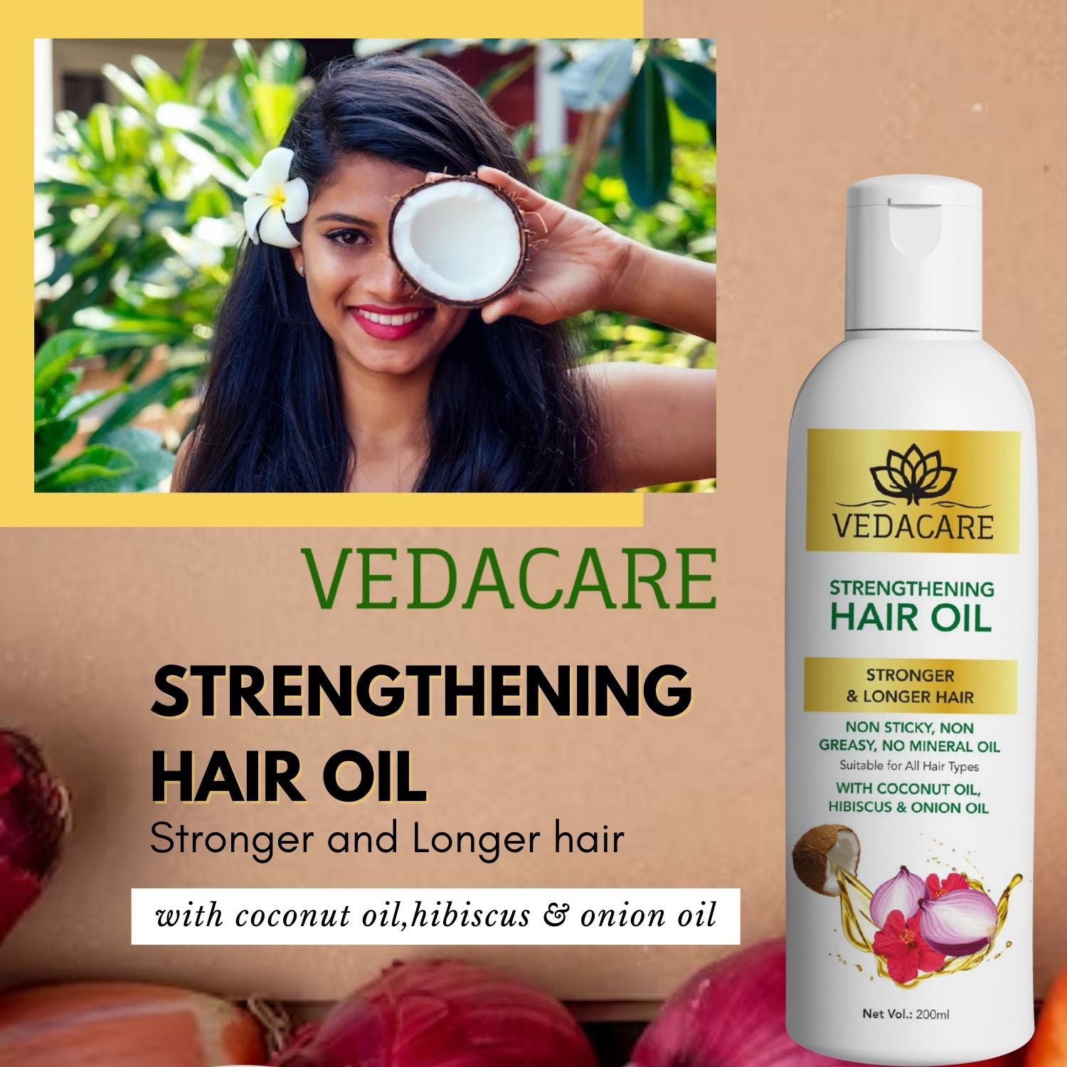 Vedacare Strengthening Hair Oil With Coconut Oil, Hibiscus and Onion - 200 ml