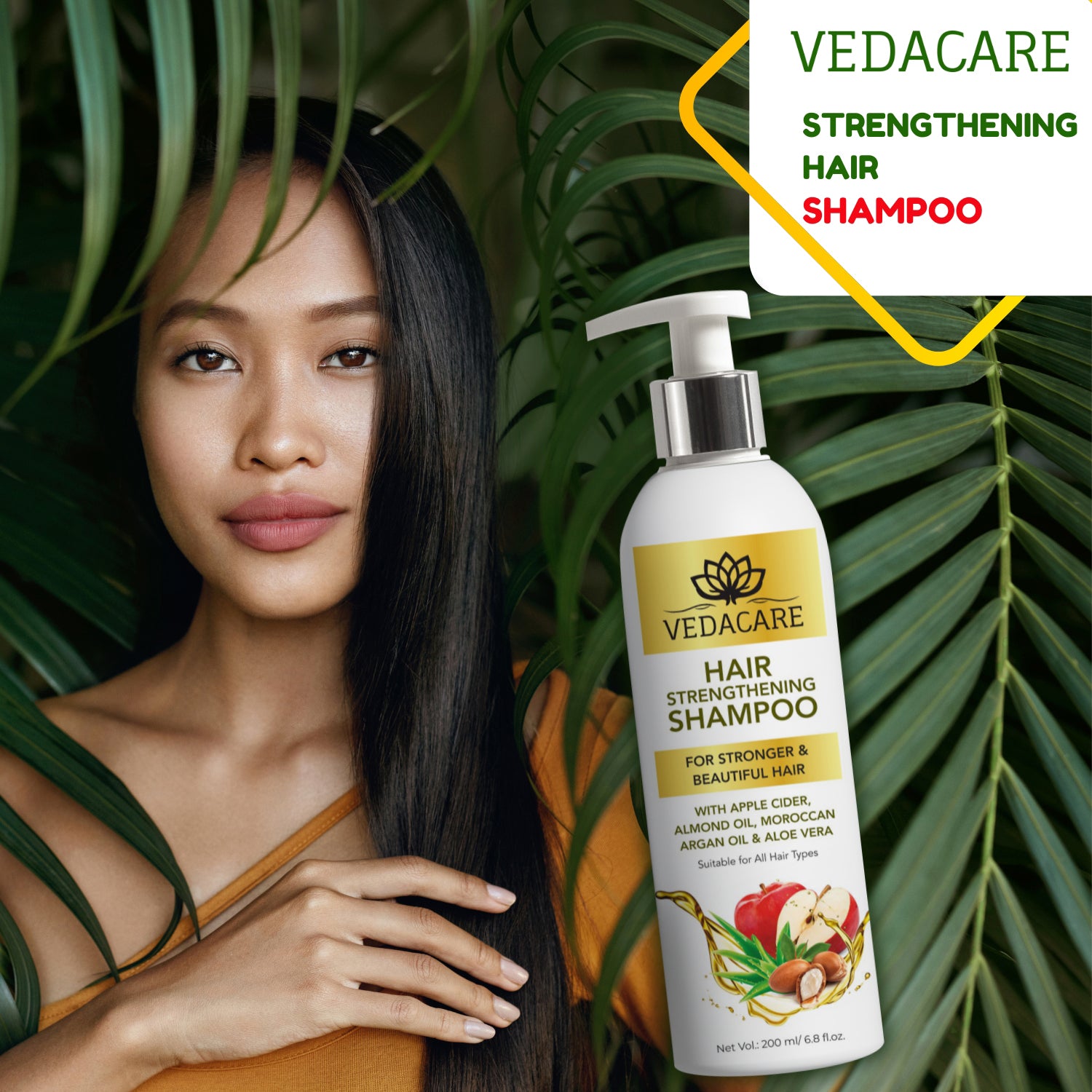 Vedacare Hair Strengthening Shampoo With Apple Cider, Moroccan Argan Oil, Aloe Vera and Almond Oil