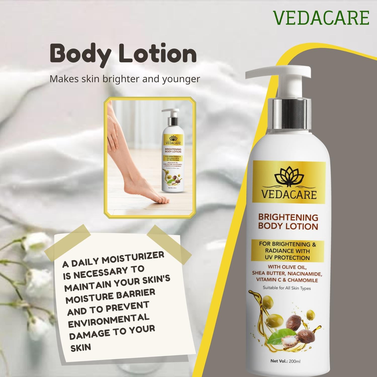 Vedacare Brightening Body Lotion With Olive oil, Shea Butter, Niacinamide, Vitamin C & Chamomile