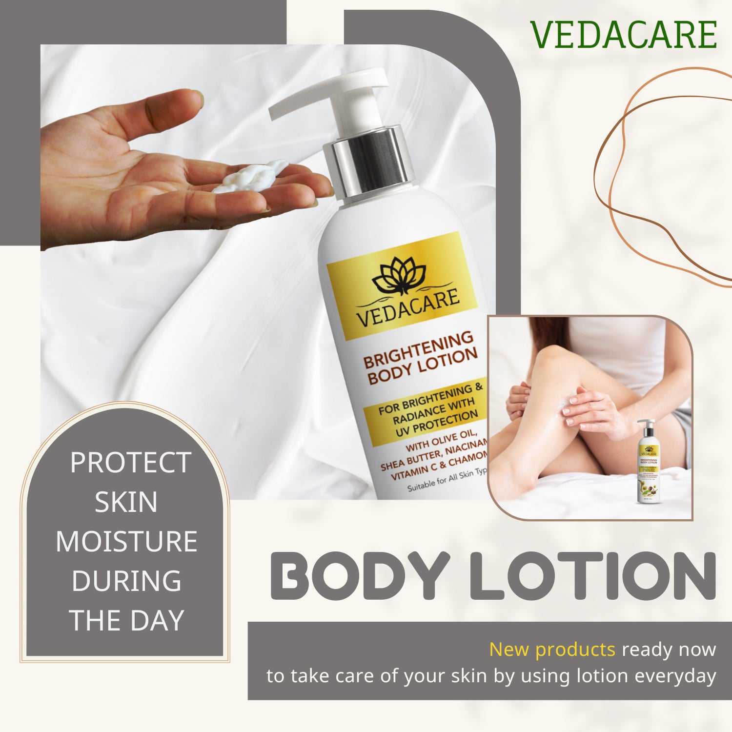 Vedacare Brightening Body Lotion With Olive oil, Shea Butter, Niacinamide, Vitamin C & Chamomile