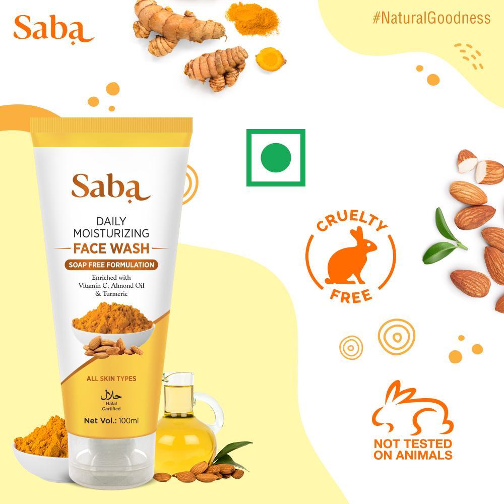Saba Natural Turmeric & Almond Daily Moisturizing Facewash pack of 2 with Saba Natural Neem Soap Free Facewash