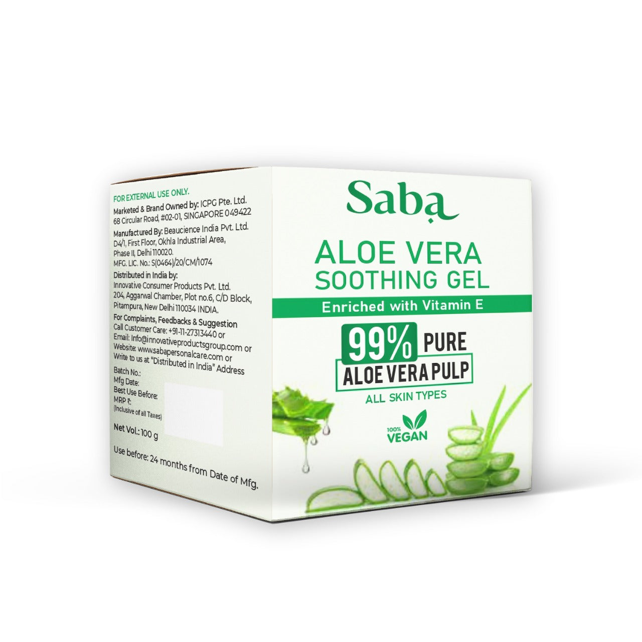 Saba Natural & Pure Aloe Vera Gel for Face, Hair and Skin 100 gm