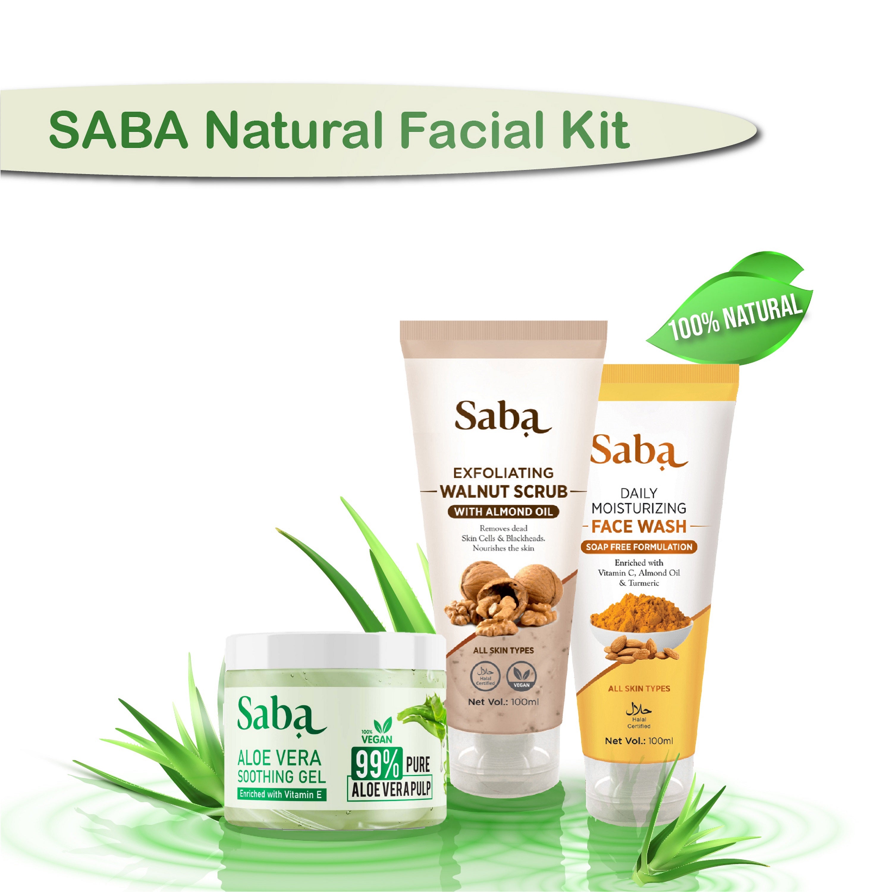 Saba Natural Facial Kit combo - Walnut Scrub, Turmeric Facewash, Pure Aloe Vera Gel